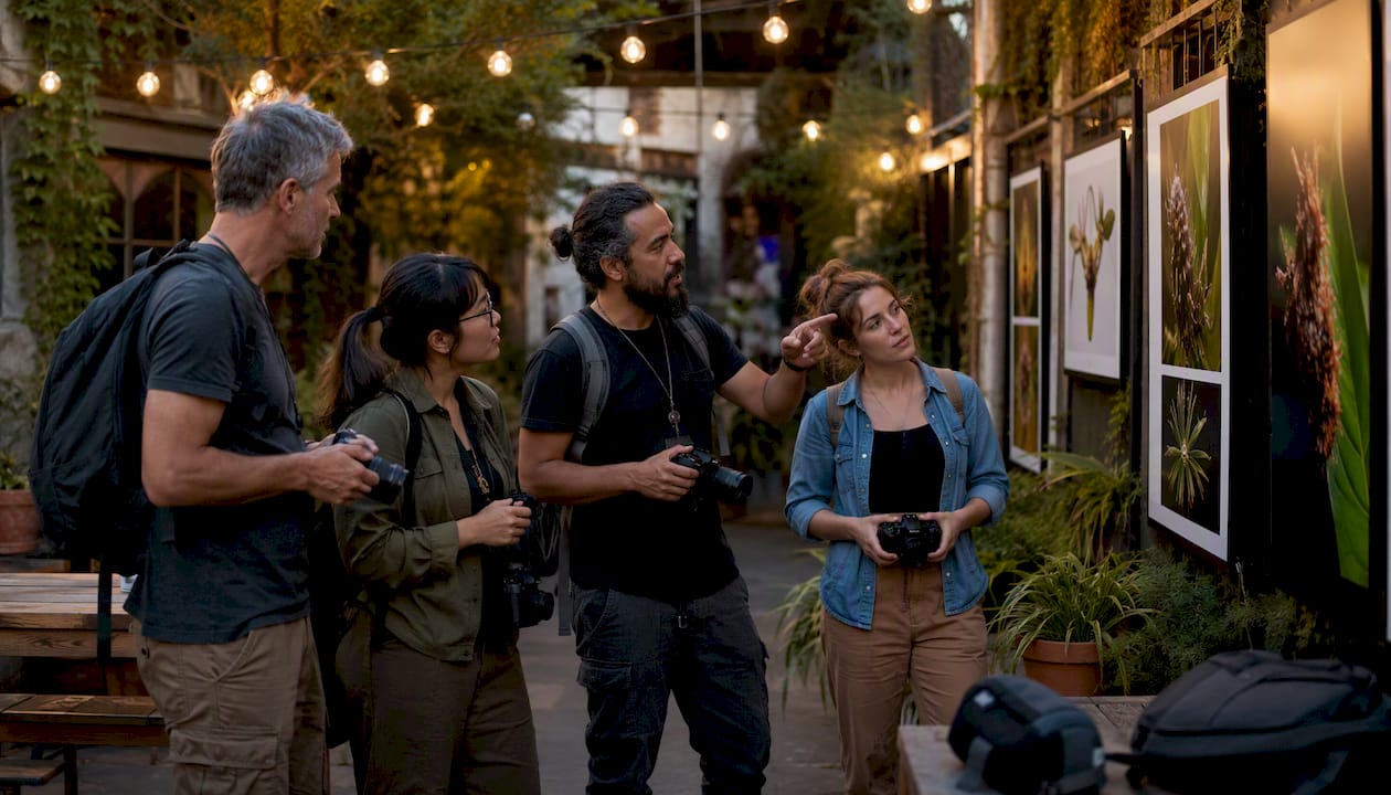 Photographers discussing macro photos at gallery