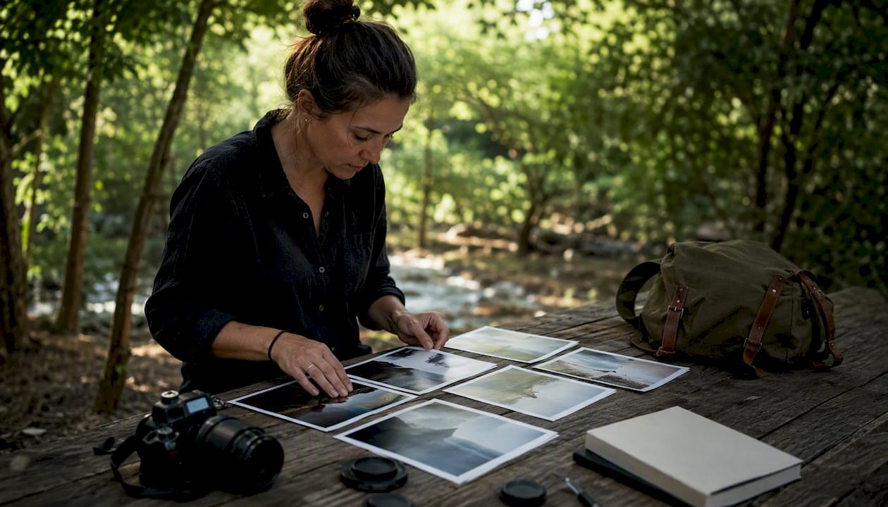 Photographer arranging photo series for competition