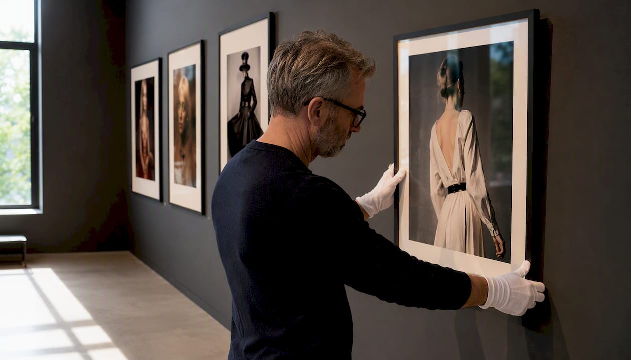 Curator adjusting framed fashion photo in gallery