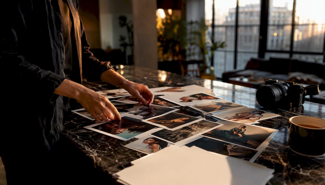 Hands arranging fashion photos for contest portfolio