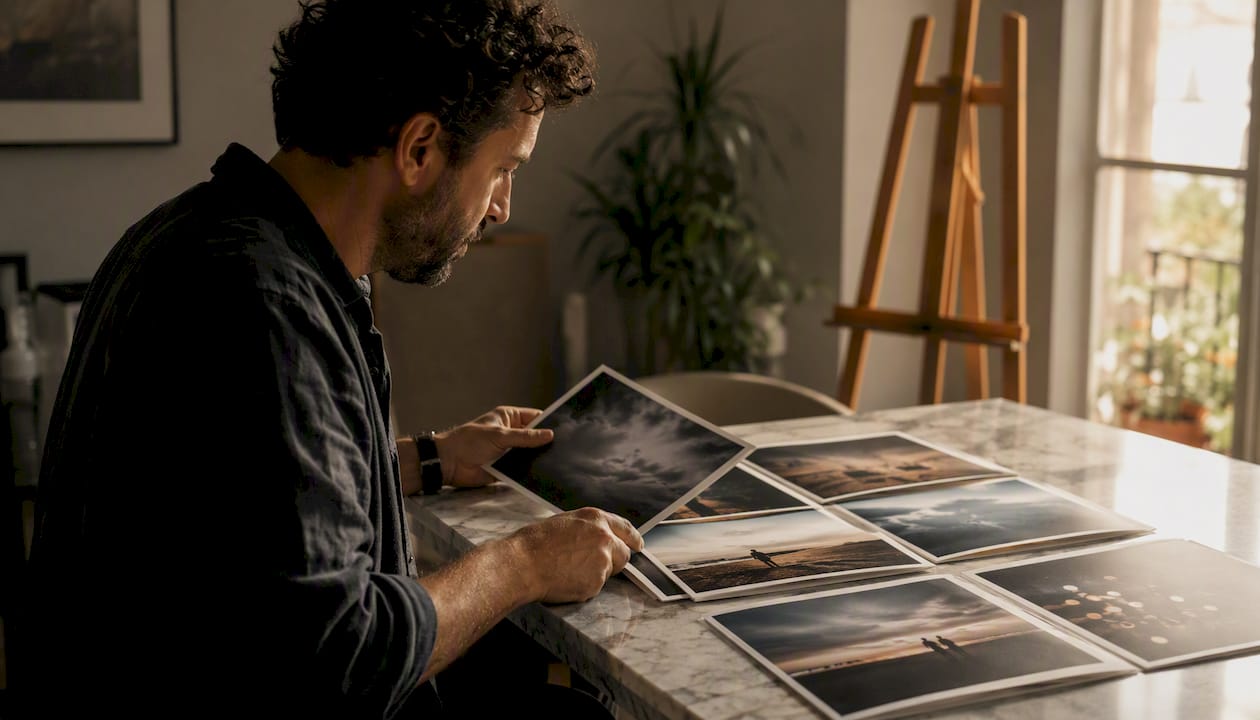 Fotógrafo organizando su portafolio de fotografías impresas