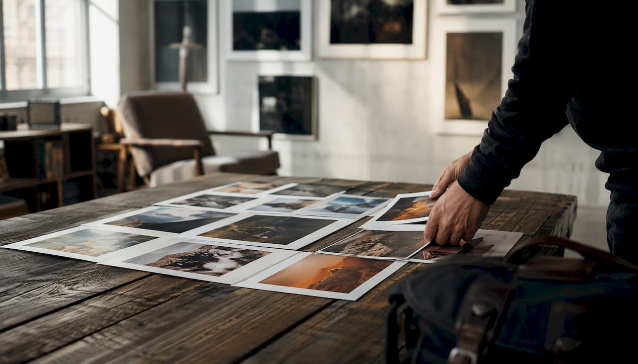 Hands selecting contest entry prints