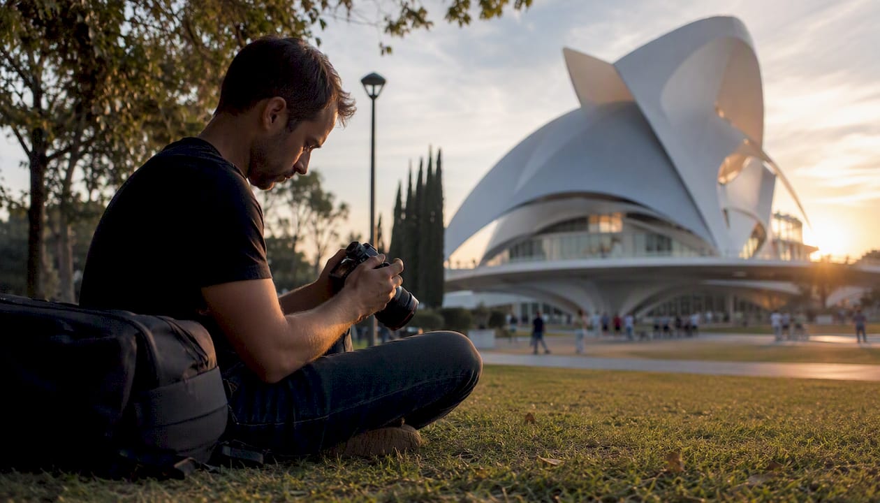 Fotógrafo capturando imágenes de arquitectura urbana en exteriores