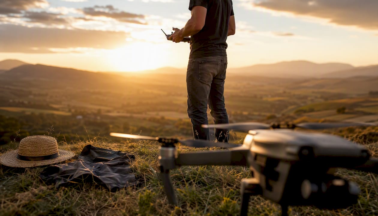 Sujeto el mando del dron mientras sobrevuelo un impresionante paisaje español.
