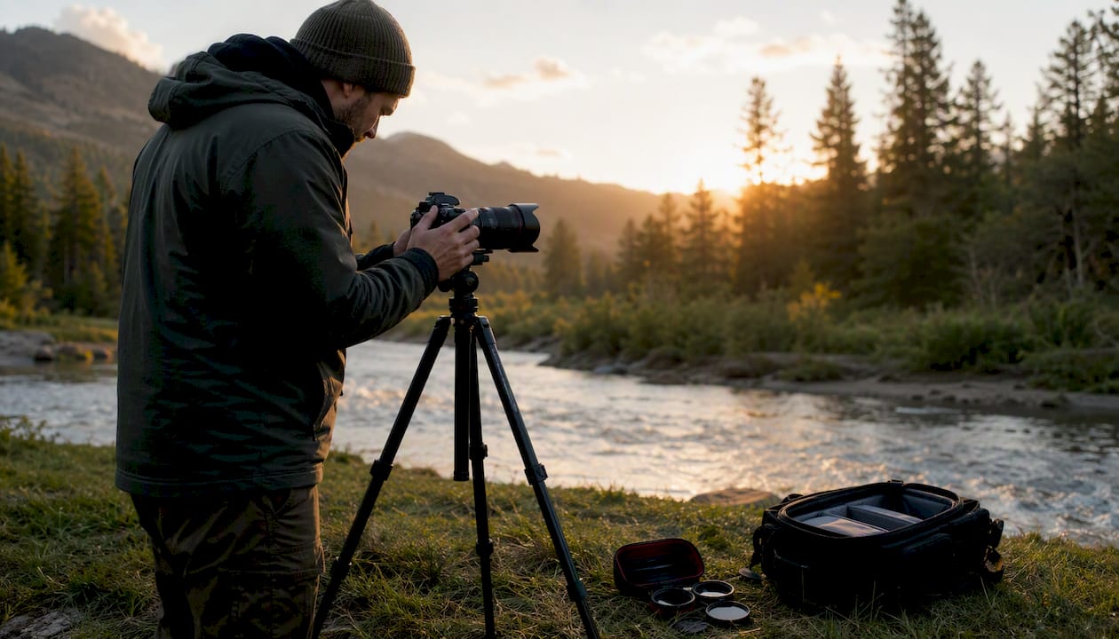Un fotógrafo se prepara para capturar imágenes de la naturaleza en exteriores.