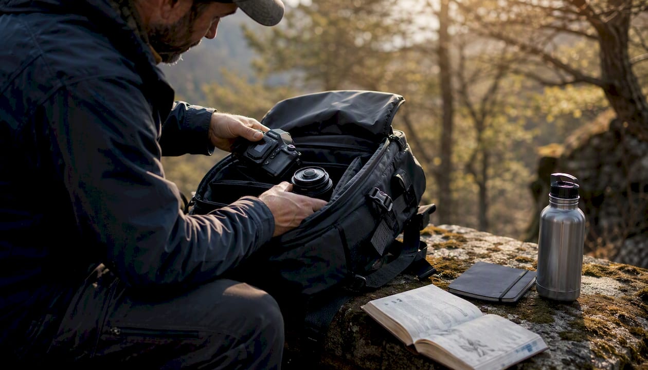 Photographer packing camera gear outdoors