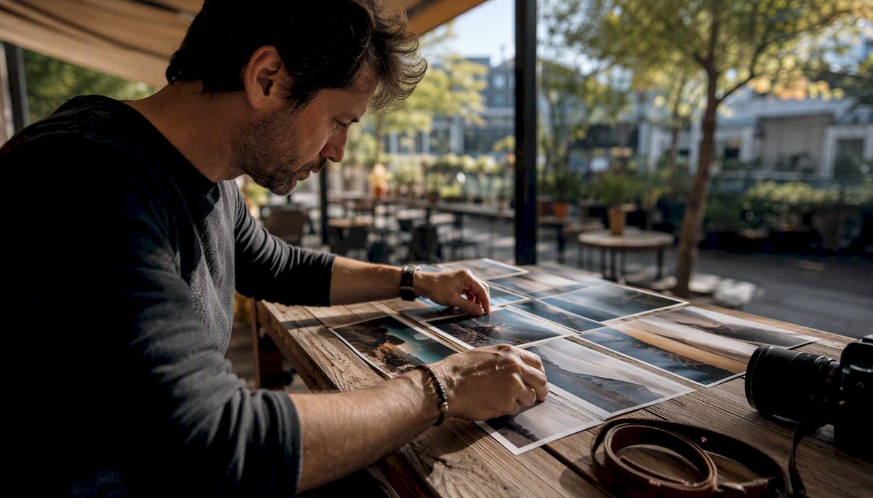 Fotógrafo seleccionando y organizando sus mejores imágenes para presentar en un concurso.