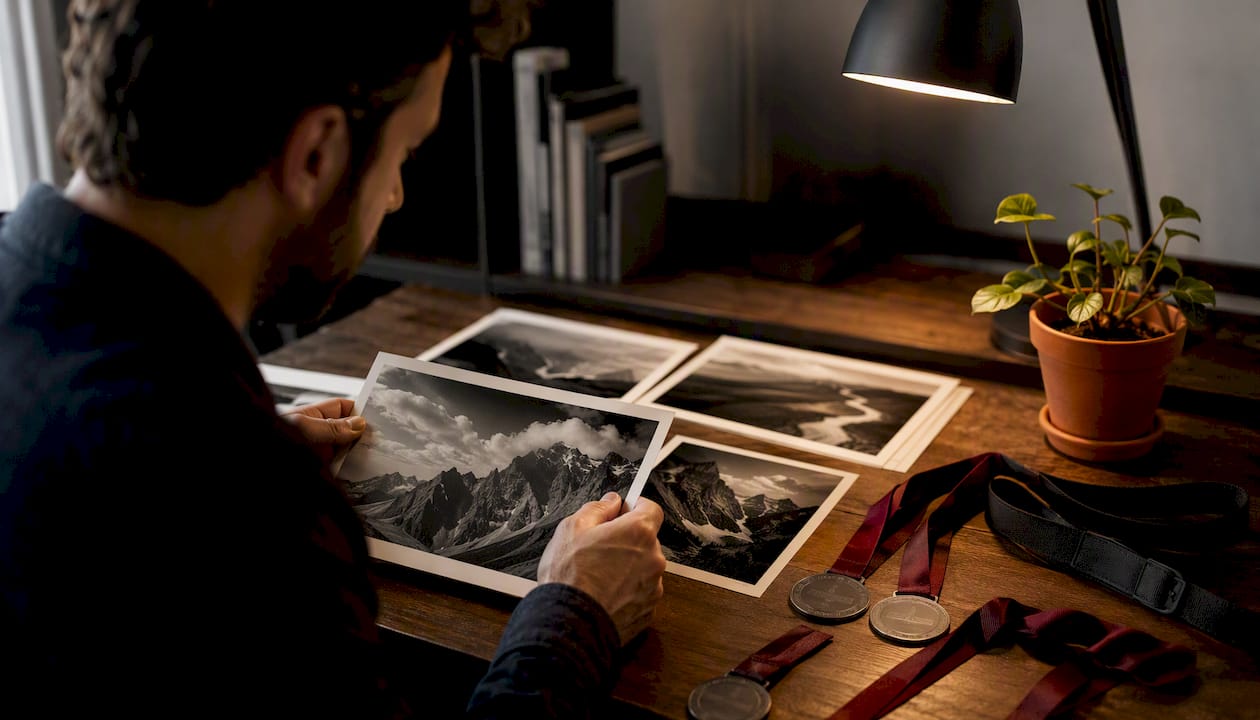 Unas manos organizan impresiones fotográficas y medallas de concursos.