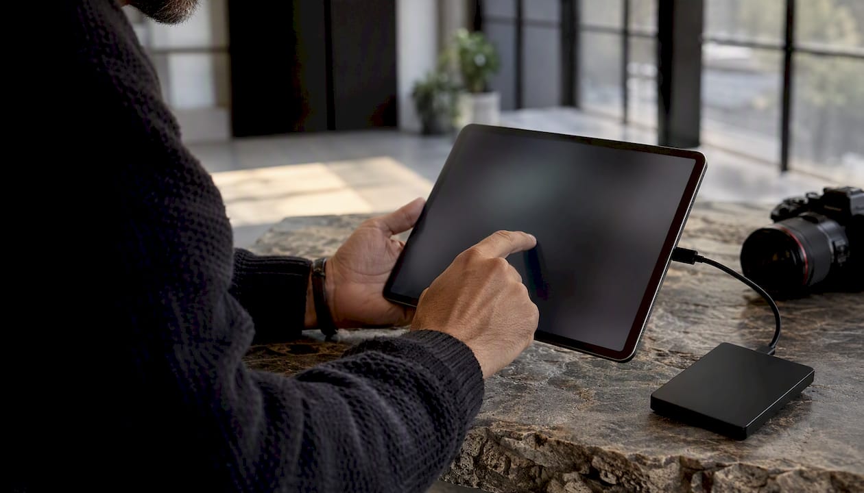 Photographer transferring high-res photos securely