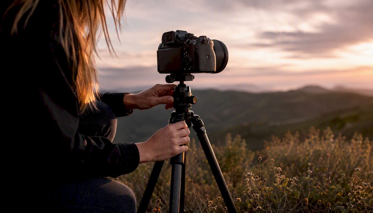 Photographer adjusting camera tripod outdoors