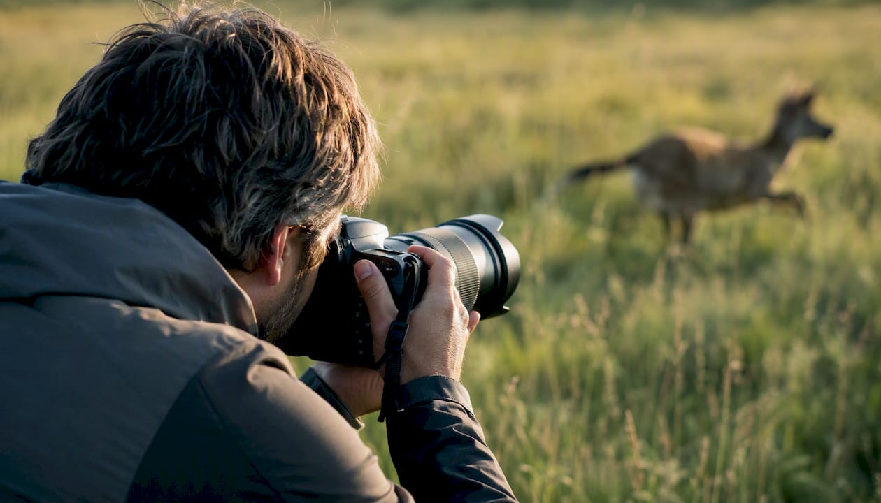 Hands holding camera, capturing wildlife action