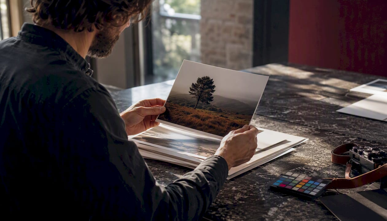 Hands selecting photo on table