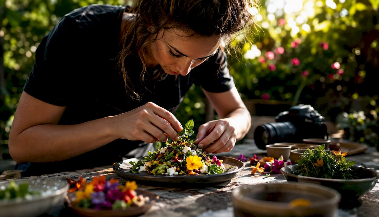 Food photographer styling plated dish