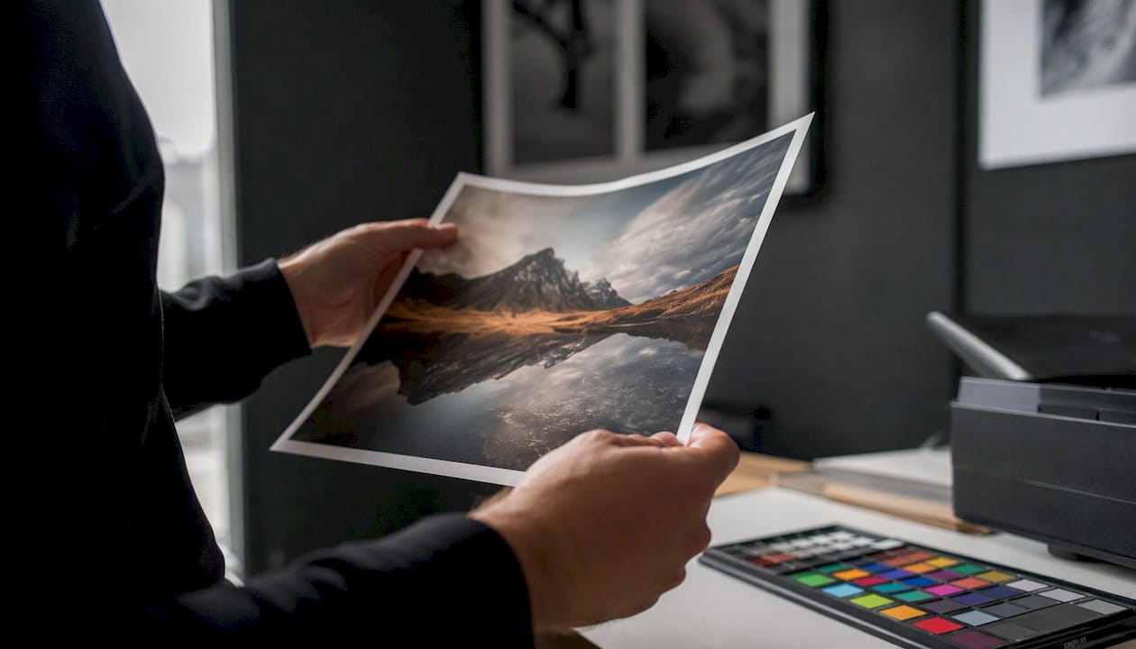 Manos revisando la calidad de impresión de una fotografía