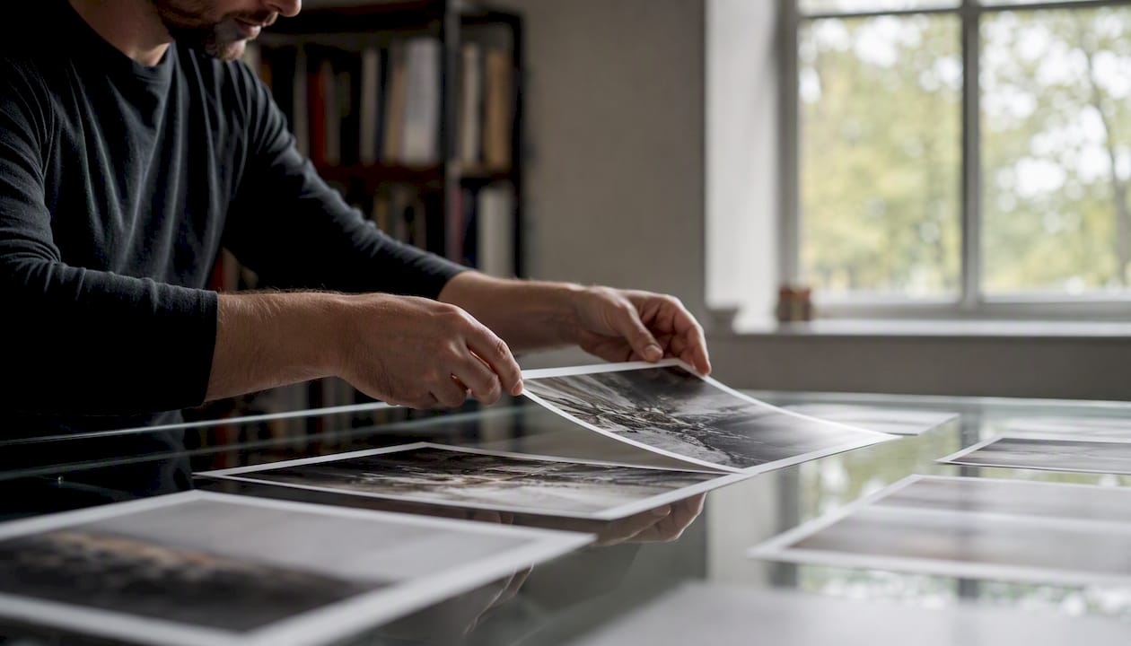 Manos organizando una serie de fotos para presentarlas a un concurso