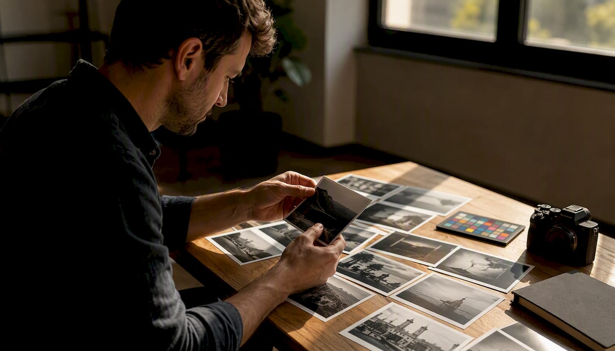 Hands selecting printed photos for judging
