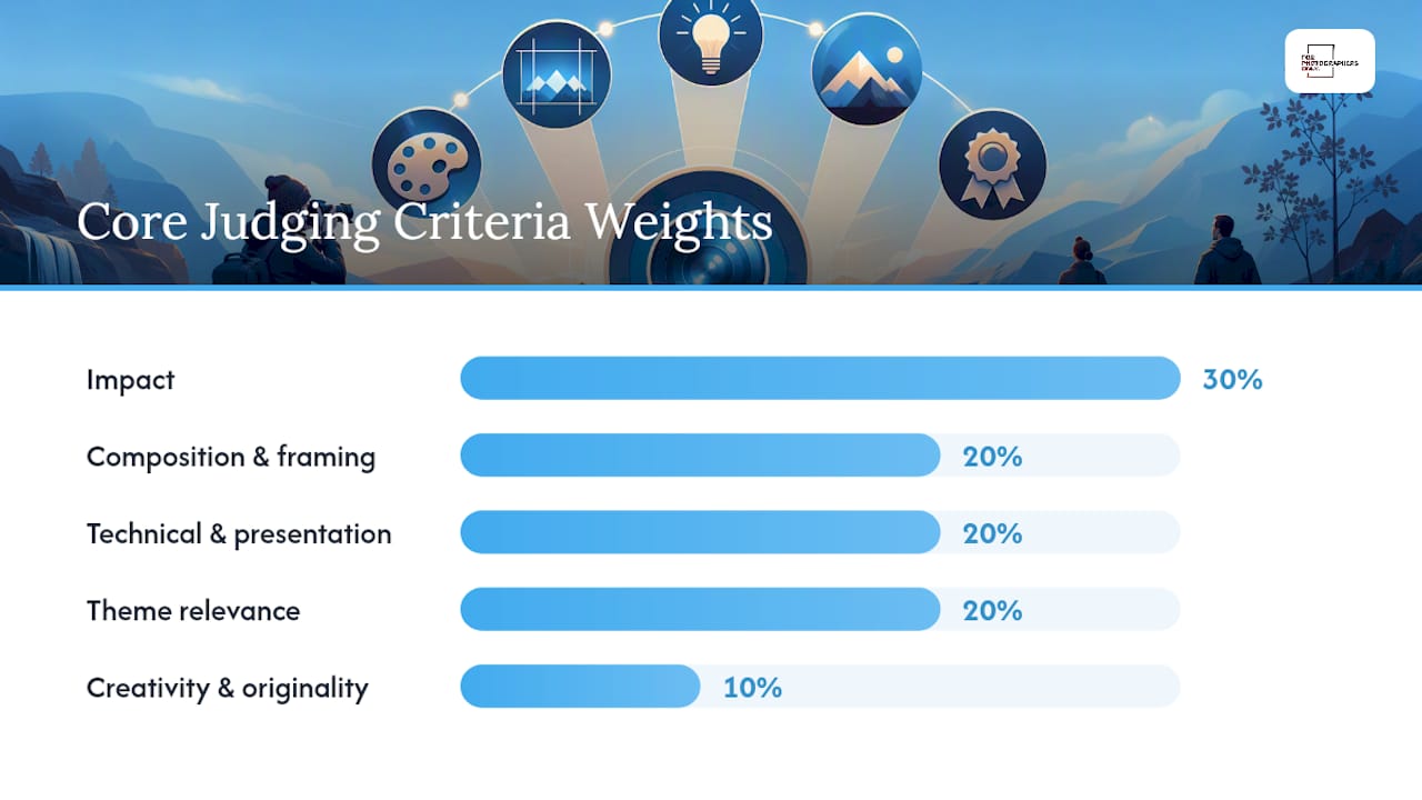Visual breakdown of photo contest judging criteria categories and weights