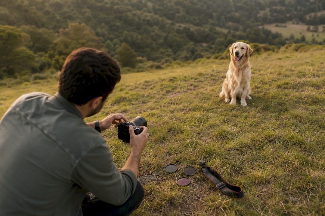 Fotógrafo capturando a un perro al aire libre aprovechando la luz natural.