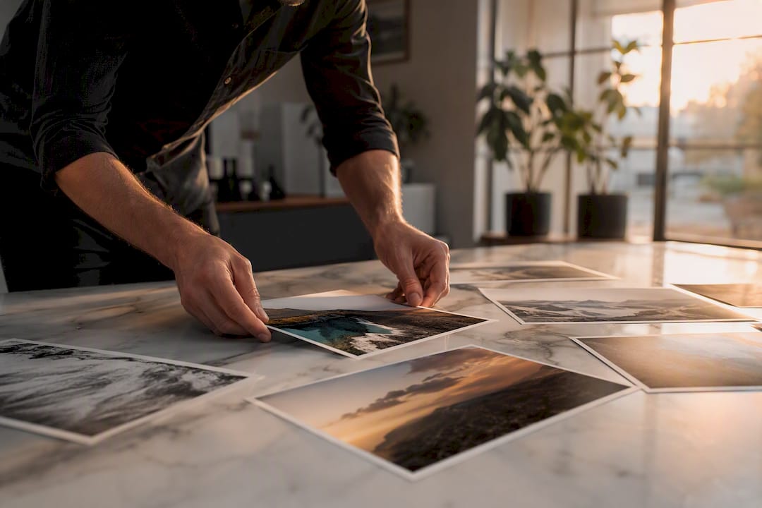 Manos seleccionando y acomodando fotografías para participar en un concurso