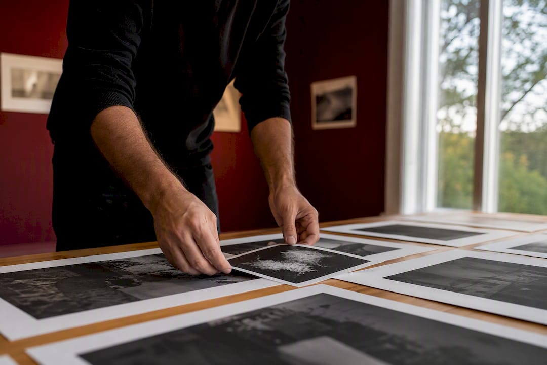 Unas manos organizan varias fotos impresas sobre el escritorio.