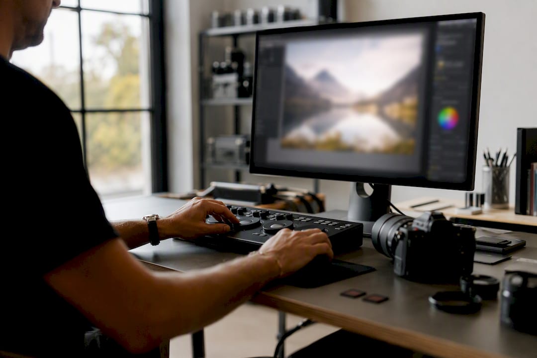 Manos retocando copias fotográficas en el estudio