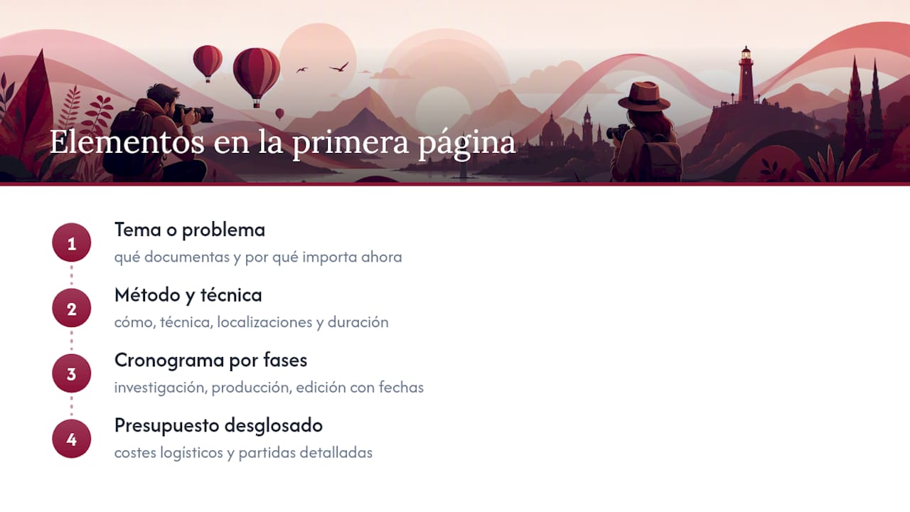 Esquema de los elementos clave para una propuesta de proyecto fotográfico