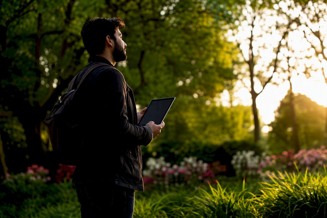 Photographer holding tablet looking confident outdoors