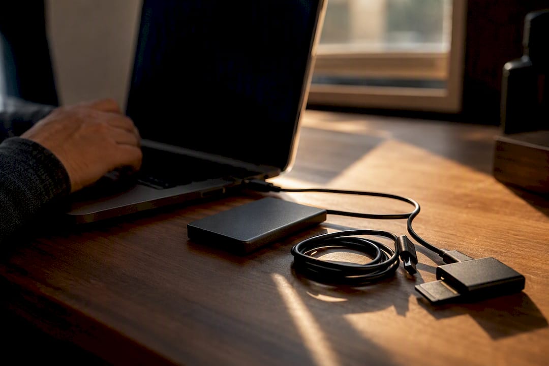 External drive and memory card reader ready for file verification