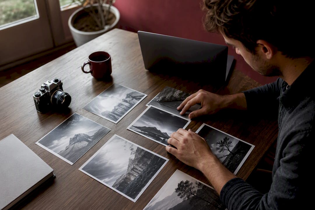 Manos organizando impresiones fotográficas sobre una mesa