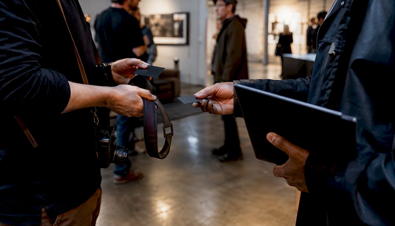 Hands exchanging photography accessories at event