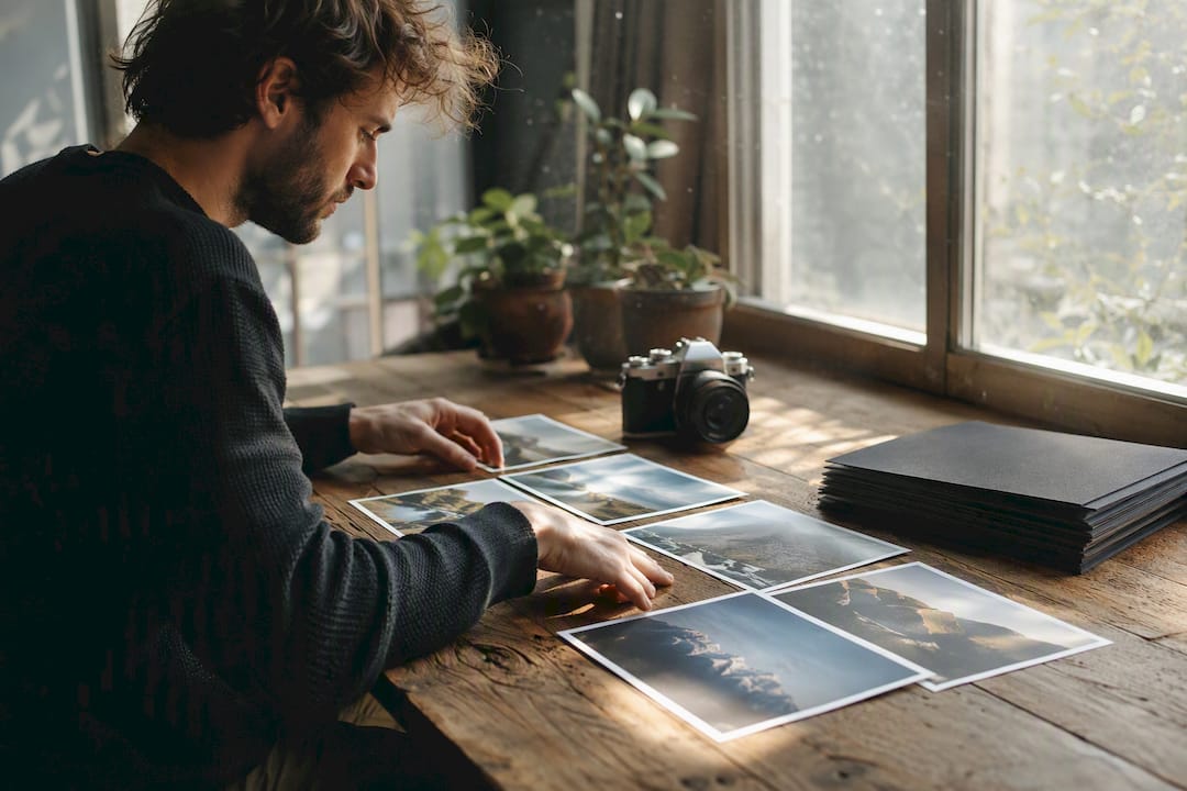 Photographer arranging photo prints at home studio table
