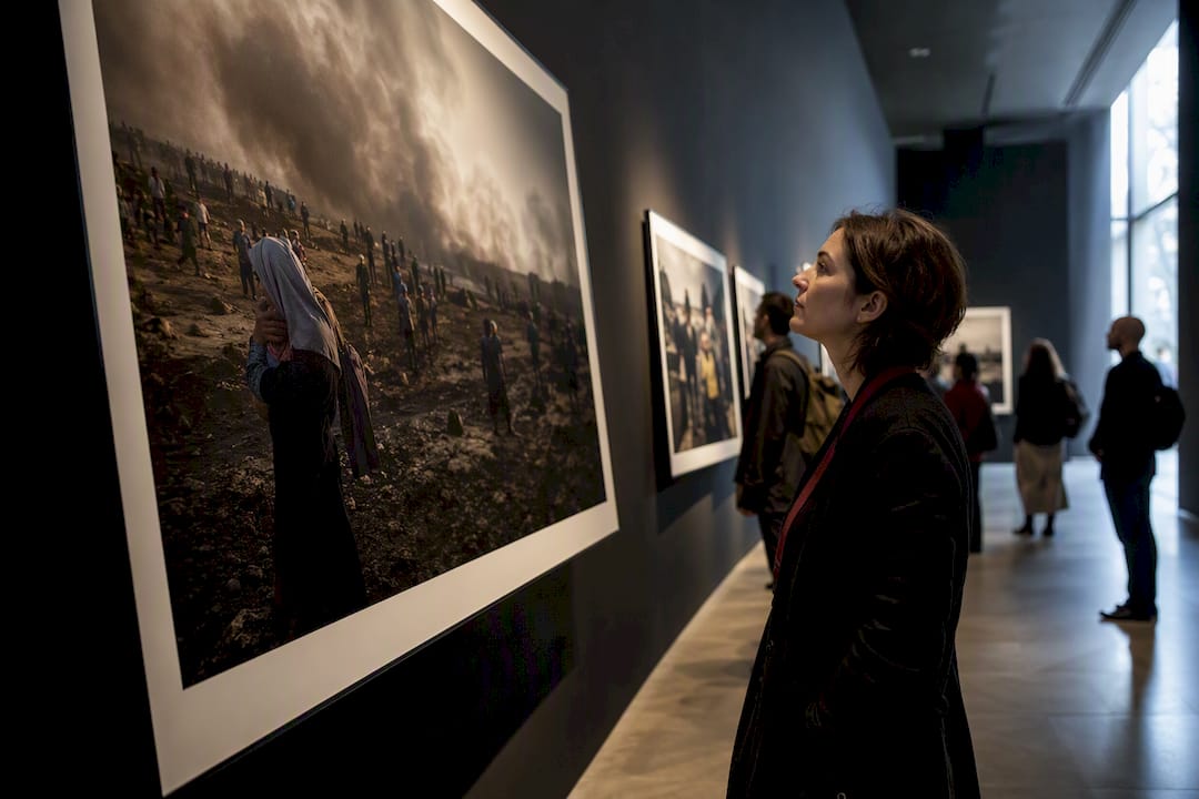 Visitors viewing documentary photography exhibition