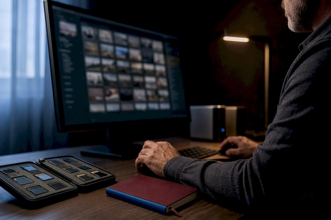 Photographer organizing a digital photo archive