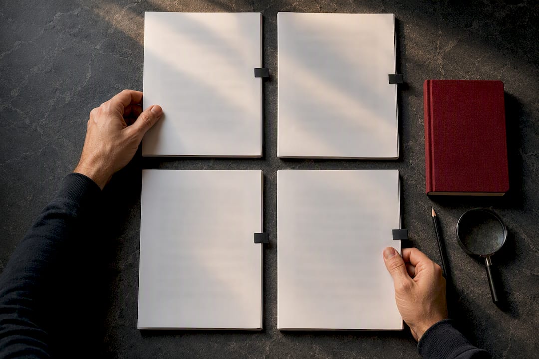 Manos ordenando documentos para un concurso de fotografía