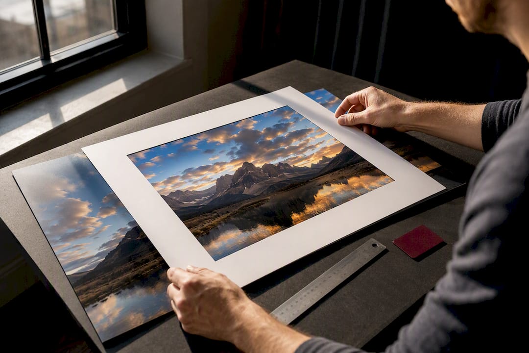 Photographer checking landscape print crop