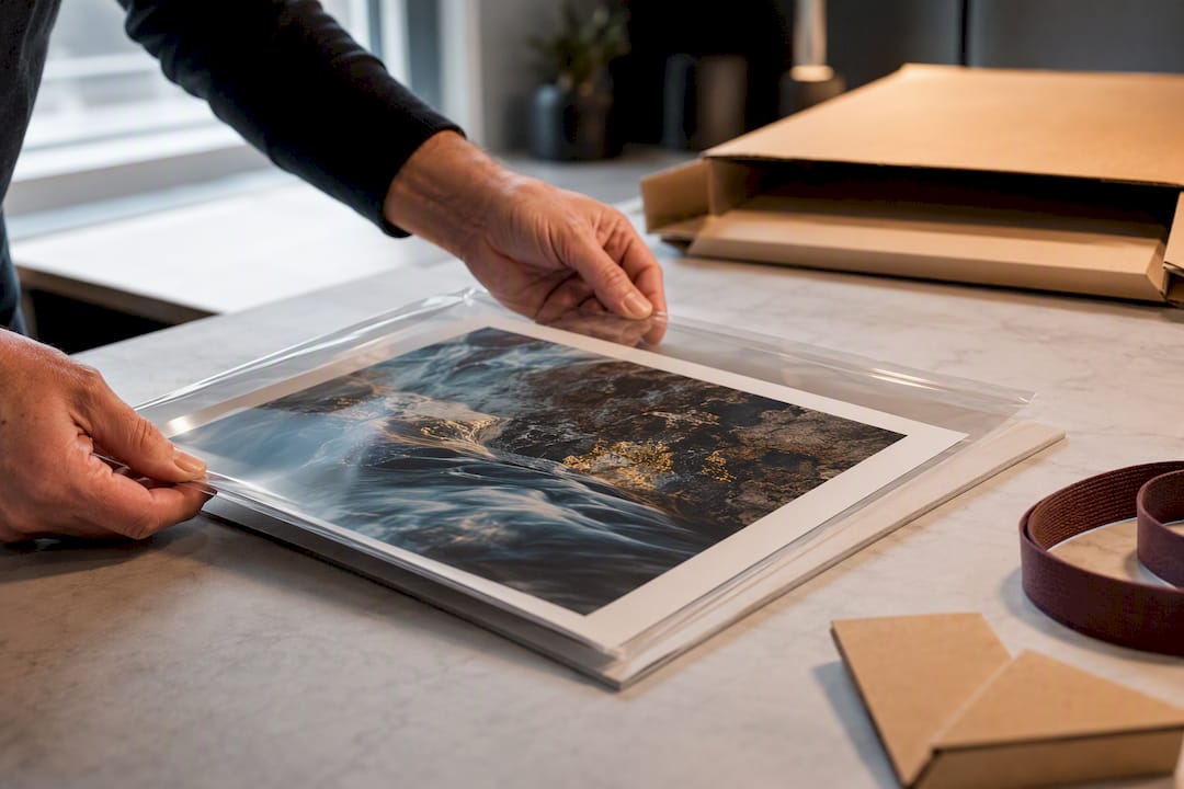 Photographer preparing a print for shipping