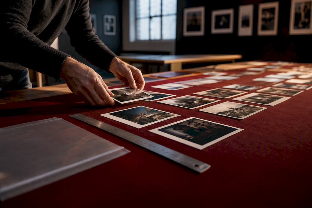 Hands sequencing photographs for a photo essay