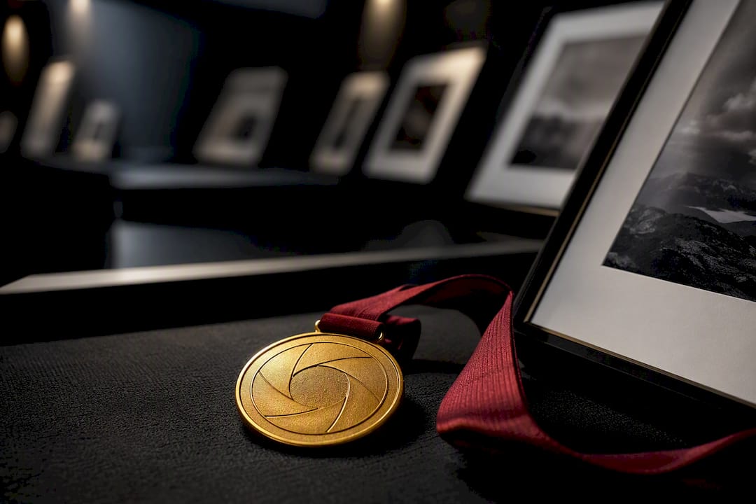Photography award medal beside framed print