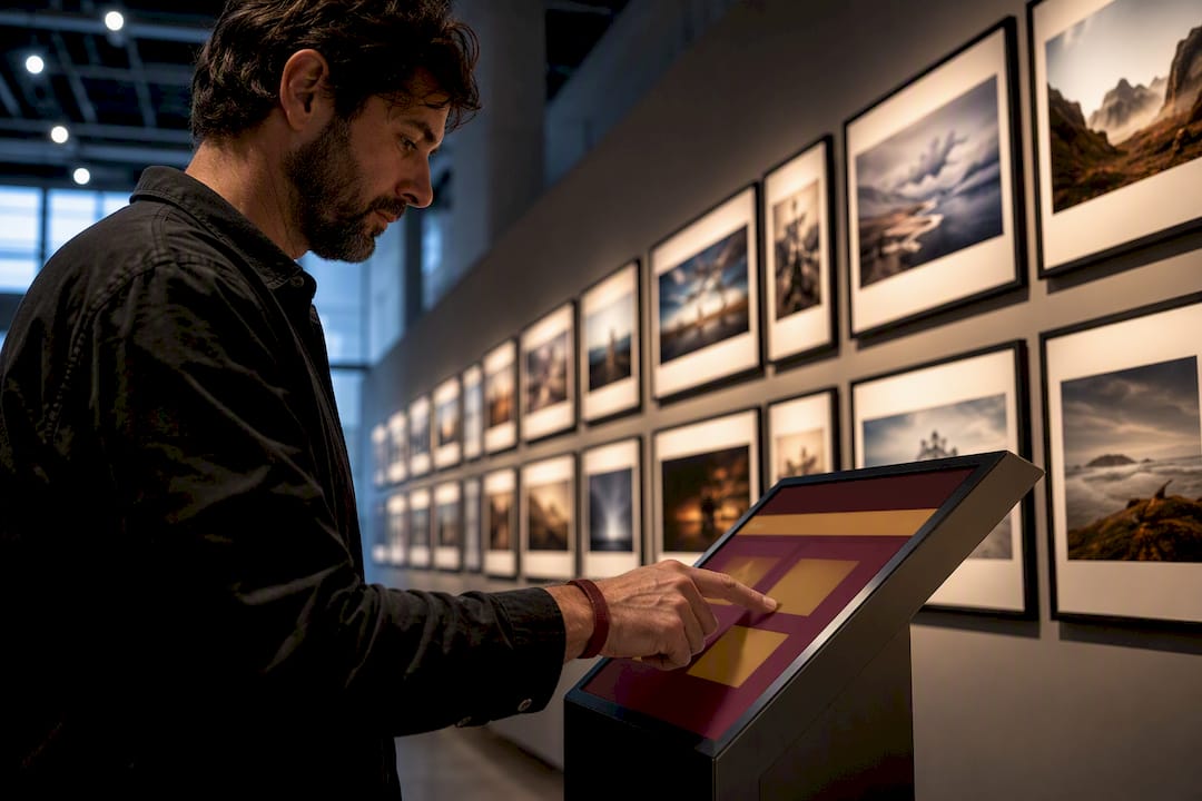 Visitor voting beside finalist photographs
