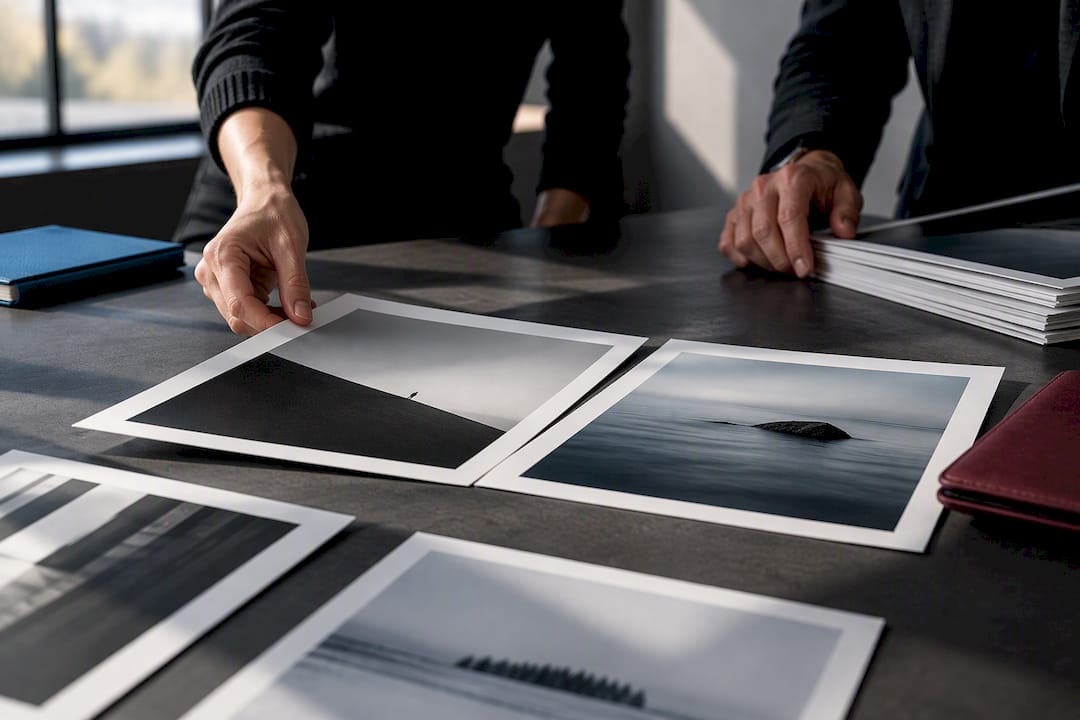 Hands reviewing minimalist competition photo entries