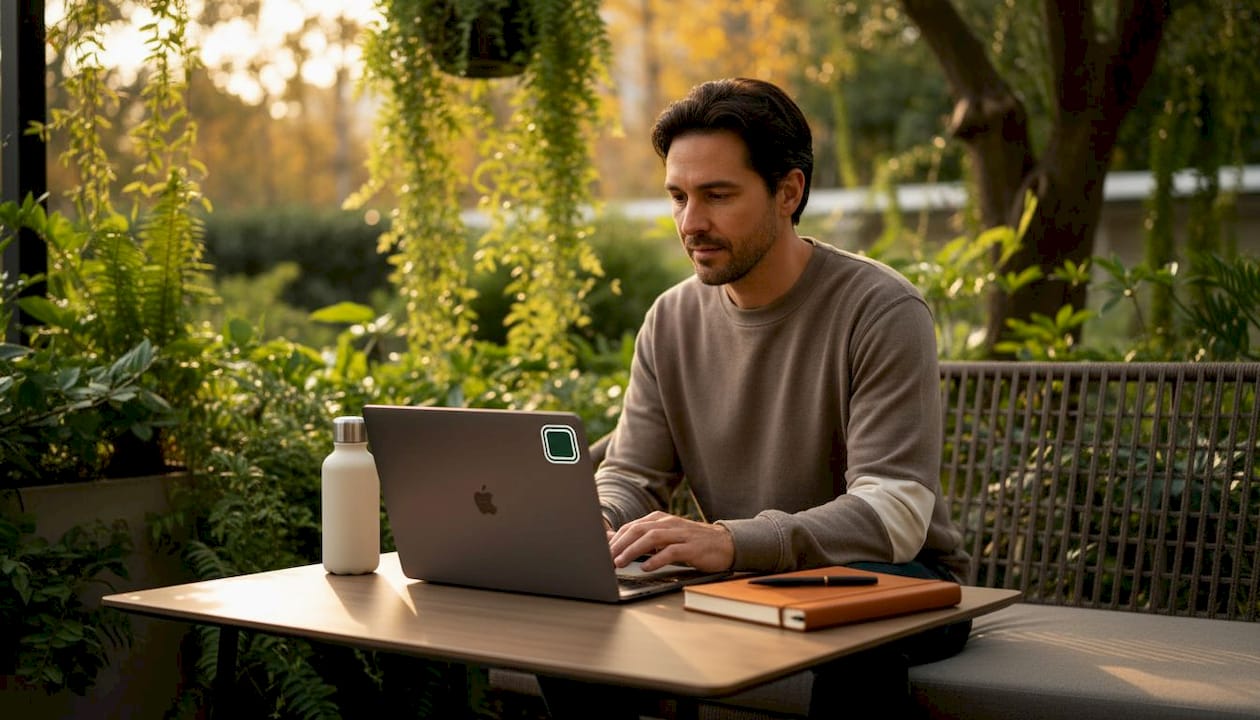 Hands managing local AI models on laptop in café