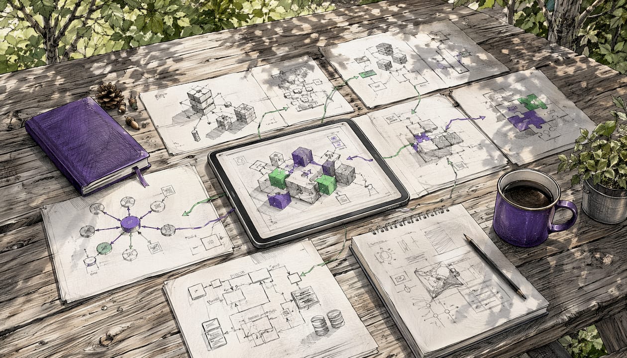 Desk with blueprint and modular blocks for assessment