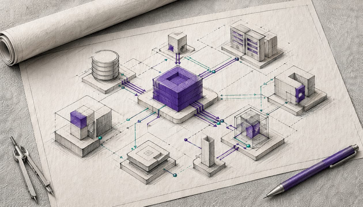 Hand-drawn modular data infrastructure blueprint illustration