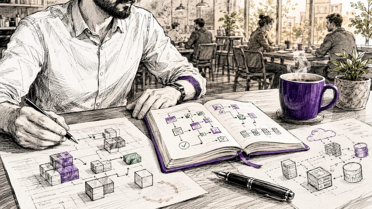 Workspace with blueprints and modular diagrams