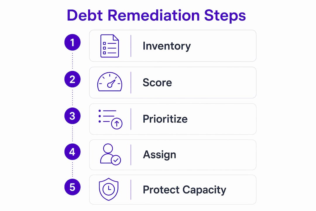 Infographic showing five steps of technical debt remediation