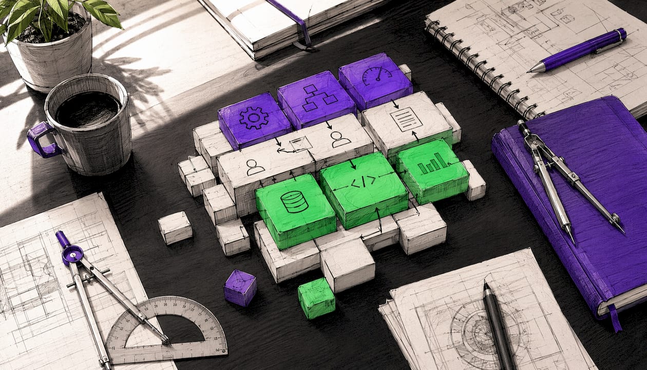 Stacked modular workflow building blocks on desk