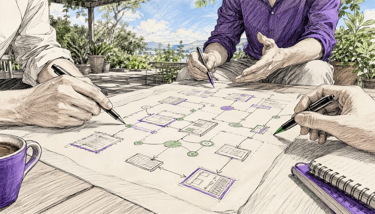 Hands collaborating over hand-drawn workflow map