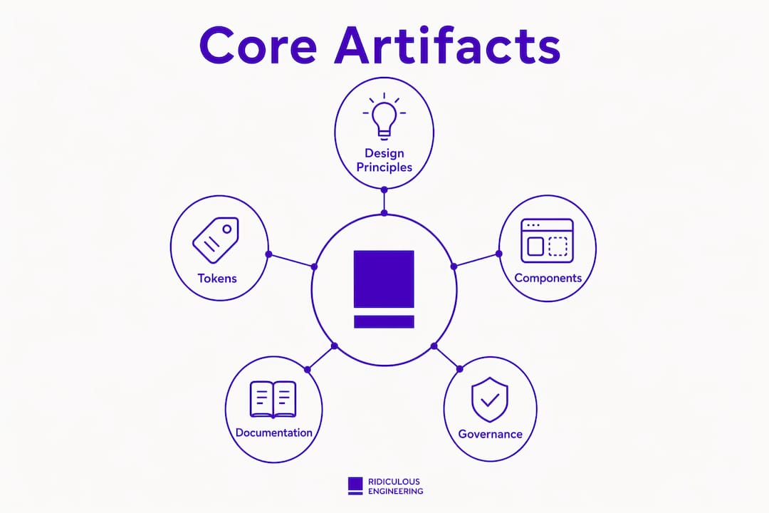 Infographic showing core artifacts of design systems