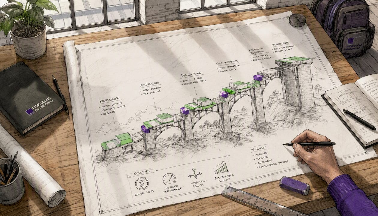 Blueprint sketch of cloud pricing levers on drafting table
