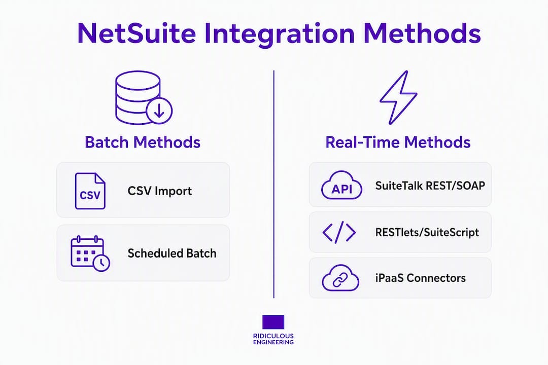 Infographic comparing NetSuite batch and real-time integration methods